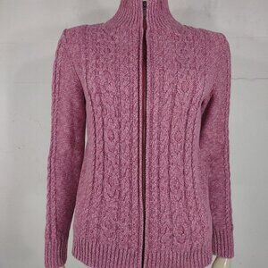 L.L. Bean pink full zip 100% Cotton cable knit fisherman's caridgan women Medium